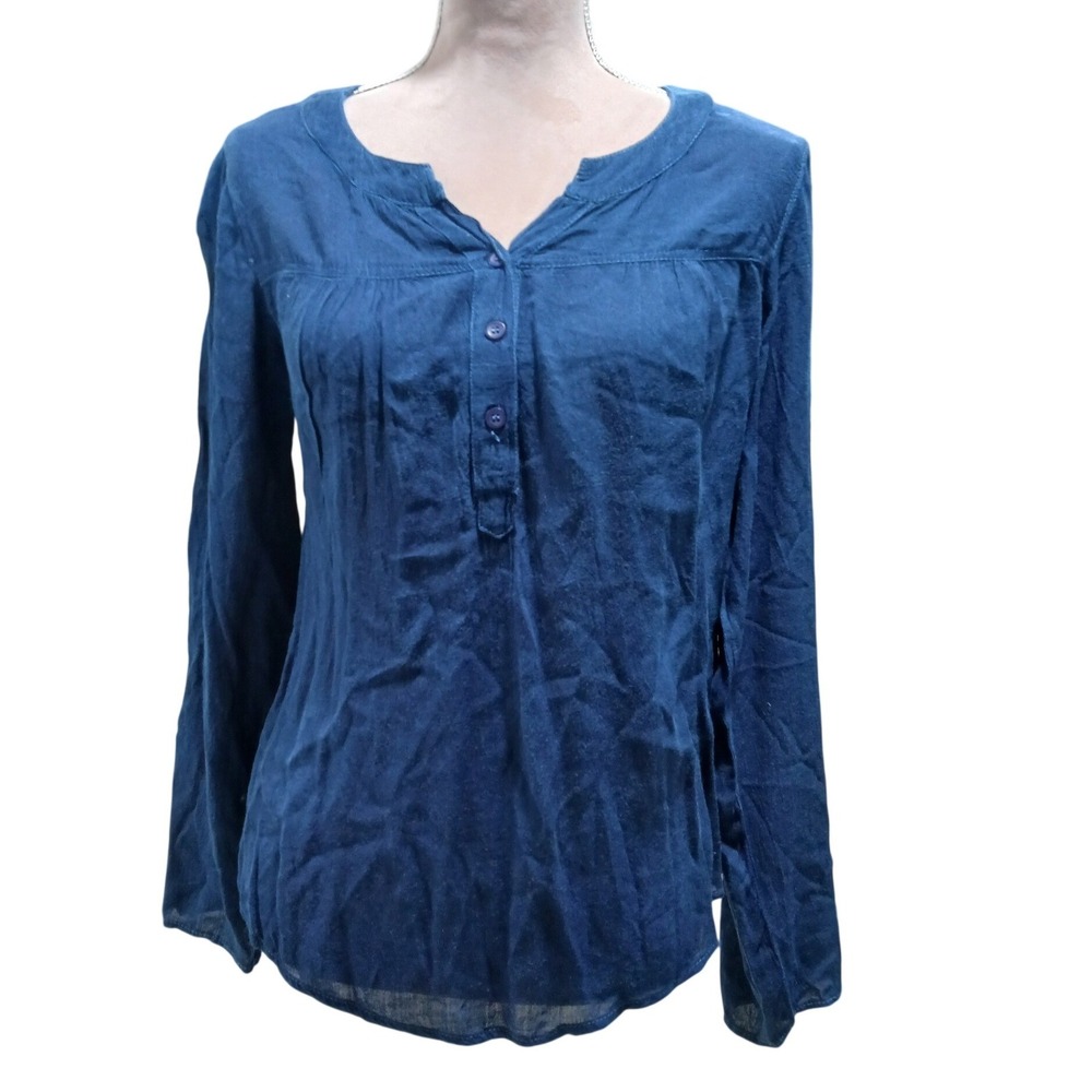Lapogee Worldover Blue Crochet Lace Back Roll Tab Sleeve Blouse Medium Summer